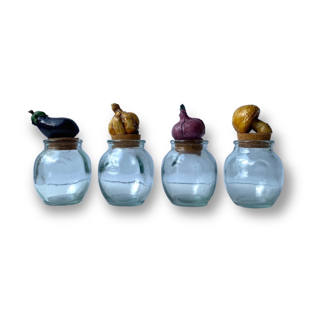 Vintage Glass Jar with Vegetable Cork Mushroom, Onion, Garlic, Eggplant Kitchen